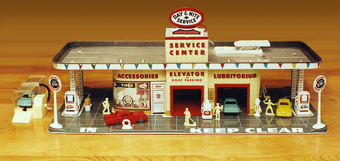 Early 1950s toy gas station and garage.